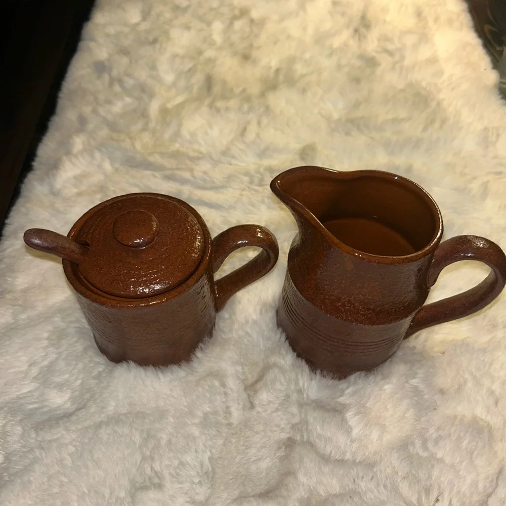 50%offw❤️ PRIMITIVE BROWNSTONE SUGAR AND CREAMER SET RAGON HOUSE vintage